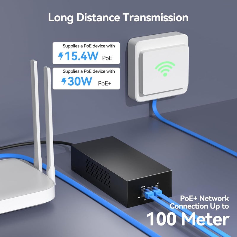 AUMOX PRO 2.5G PoE++ Injector 90W | Convert Non-PoE to PoE Adapter 10/100/1000/2500Mbps | 802.3af/at Compliant | Plug & Play | 100m (328ft) Range (2.5G 90W) - Image 5